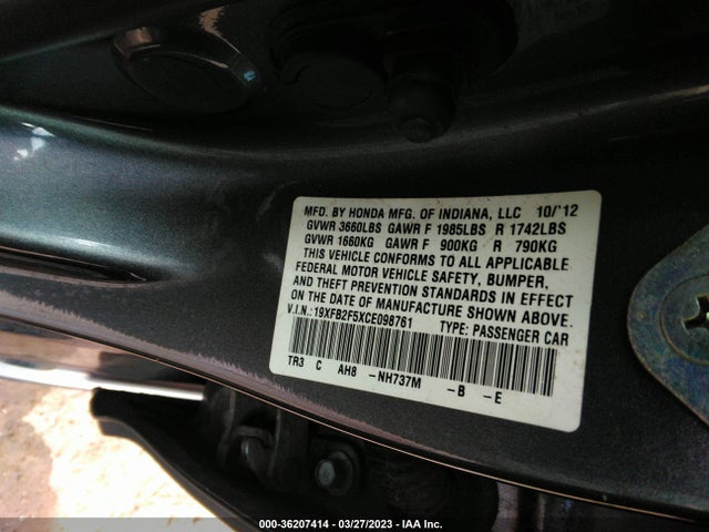 2012 HONDA CIVIC SDN LX VIN: 19XFB2F5XCE098761