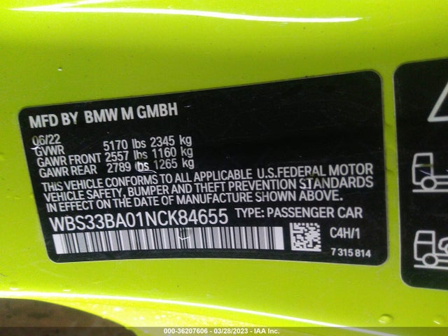 2022 BMW M4, VIN: WBS33BA01NCK84655