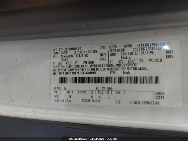 Ford TRANSIT CARGO VAN 2020 1FTBR1X87LKB60899 Image 10