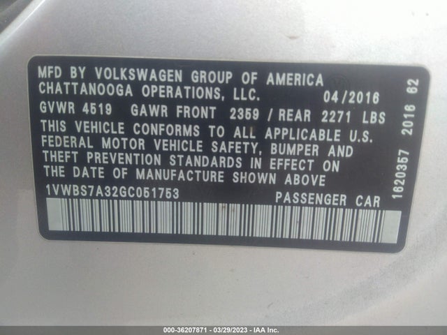 1VWBS7A32GC051753 Volkswagen Passat 1.8t Se W/technology
