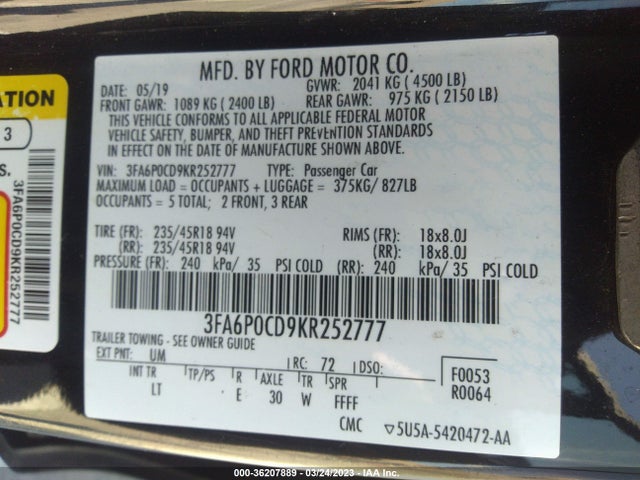 Ford FUSION SEL 2019 3FA6P0CD9KR252777 Image 10