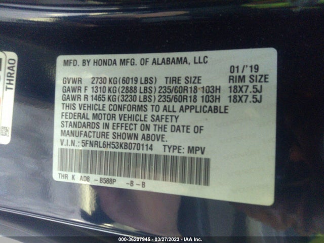 Honda ODYSSEY EX 2019 5FNRL6H53KB070114 Image 9