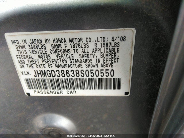 2008 HONDA FIT SPORT VIN: JHMGD38638S050550
