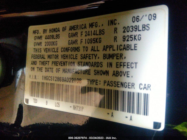 2009 HONDA ACCORD CPE EX-L VIN: 1HGCS12869A022108