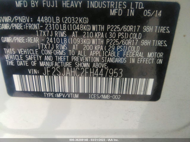 2015 SUBARU FORESTER 2.5I LIMITED VIN: JF2SJAHC2FH447953