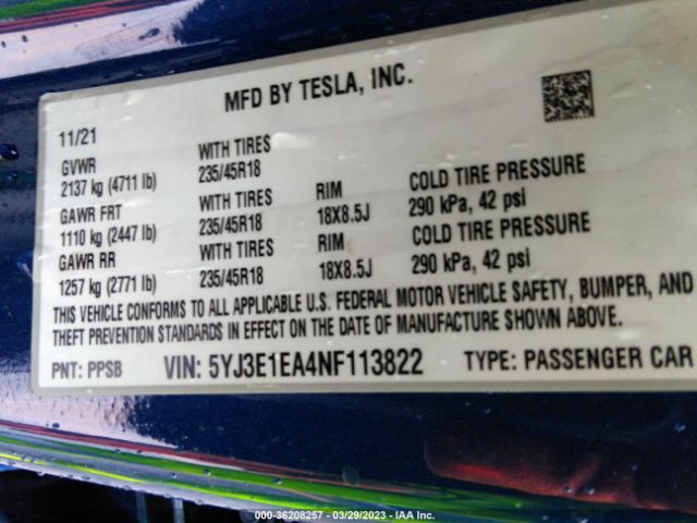 5YJ3E1EA4NF113822 Tesla MODEL 3