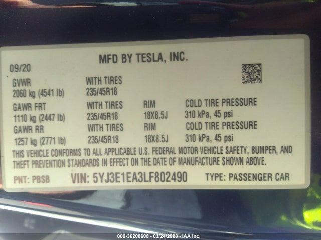 Tesla Model 3 Standard Range 2020 5YJ3E1EA3LF802490 Image 9