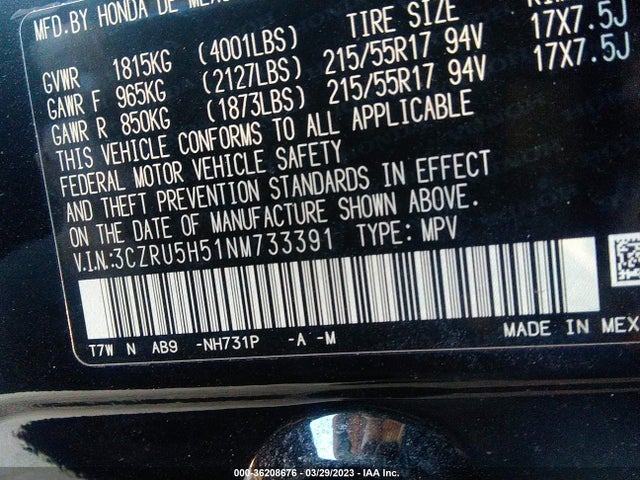 Продаж на аукціоні авто 2022 Honda Hr-v Ex, vin: 3CZRU5H51NM733391, номер лоту: 36208676