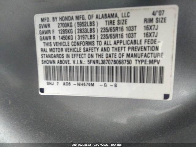 2007 HONDA ODYSSEY EX-L VIN: 5FNRL38707B068750
