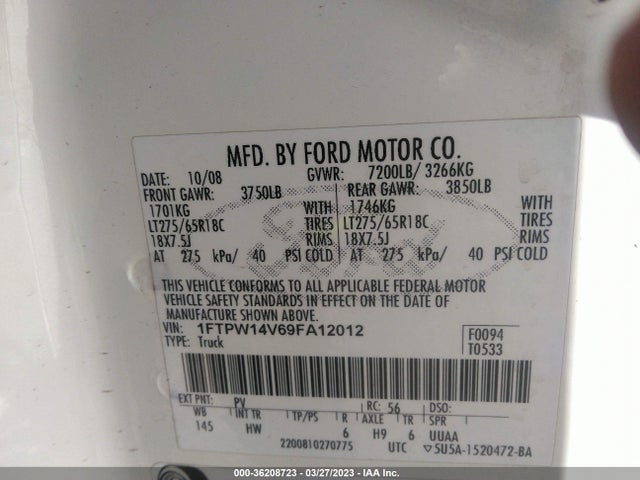 2009 FORD F-150 XL/XLT/FX4/LARIAT VIN: 1FTPW14V69FA12012