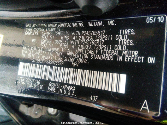 2010 TOYOTA HIGHLANDER BASE VIN: 5TDBK3EH8AS026699