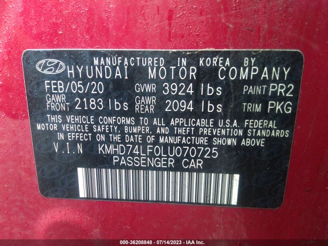 2020 HYUNDAI ELANTRA SE VIN: KMHD74LF0LU070725