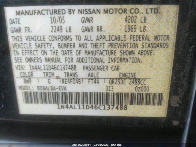 2006 NISSAN ALTIMA 2.5 VIN: 1N4AL11D46C137488