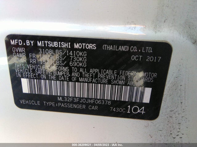 ML32F3FJ0JHF06378 Mitsubishi Mirage G4 Es
