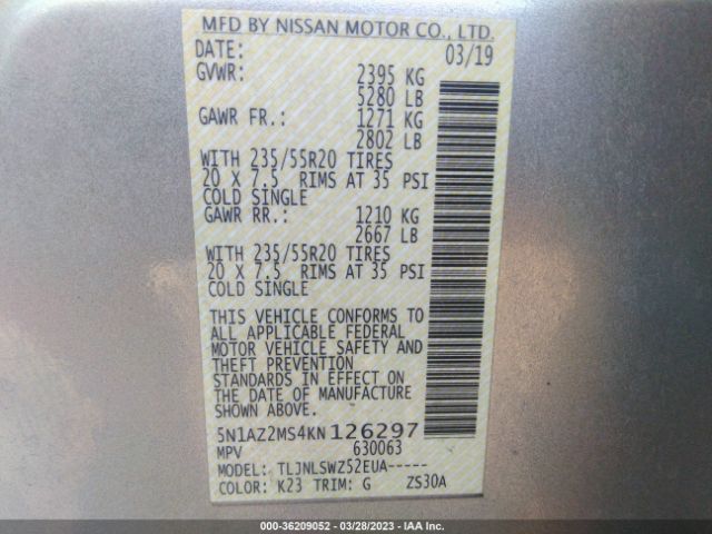 5N1AZ2MS4KN126297 Nissan Murano Platinum