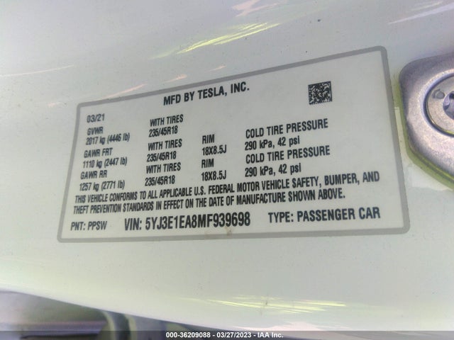 Tesla Model 3 Standard Range Plus 2021 5YJ3E1EA8MF939698 Image 11