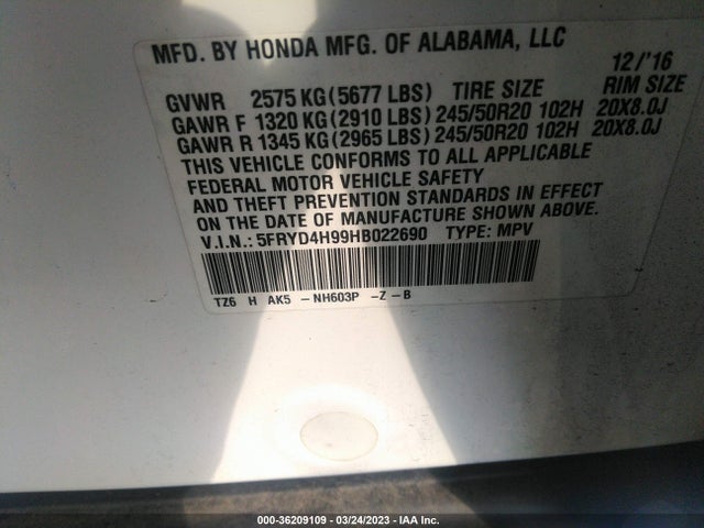 5FRYD4H99HB022690 Acura Mdx W/advance