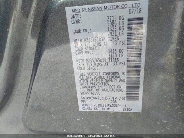 2018 NISSAN PATHFINDER SV VIN: 5N1DR2MM7JC674478