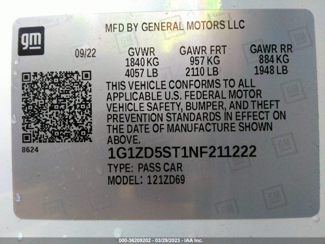 Chevrolet MALIBU LT 2022 1G1ZD5ST1NF211222 Image 9
