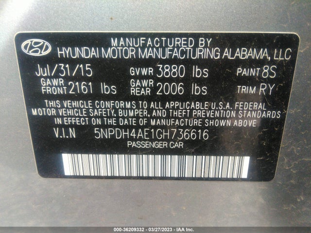 Hyundai Elantra Limited 2016 5NPDH4AE1GH736616 Image 9
