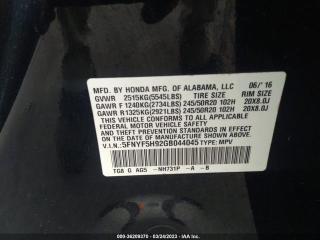 Honda Pilot Touring 2016 5FNYF5H92GB044045 Image 10