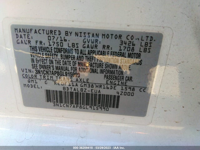 Nissan VERSA SV 2016 3N1CN7AP8GL915990 Image 10