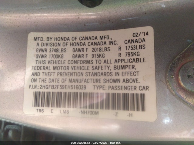 2014 HONDA CIVIC SEDAN LX VIN: 2HGFB2F59EH516039