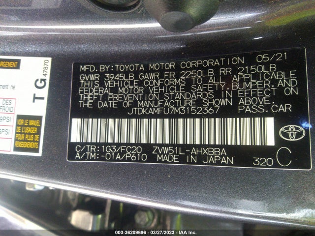 Toyota Prius L 2021 JTDKAMFU7M3152367 Image 9