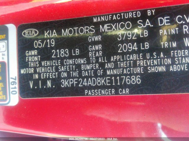3KPF24AD8KE117686 KIA Forte Lxs