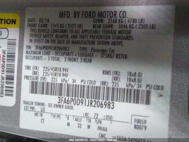3FA6P0D91JR206983 Ford Fusion Titanium/platinum