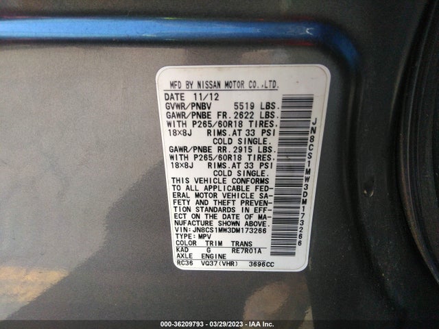 2013 INFINITI FX37 VIN: JN8CS1MW3DM173266