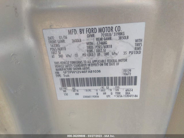 2006 FORD F-150 XLT/LARIAT/KING RANCH VIN: 1FTPW12V46FA81036