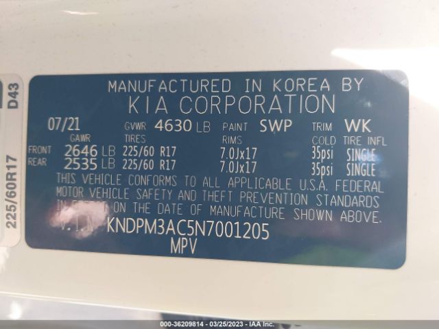 KNDPM3AC5N7001205 KIA Sportage Lx