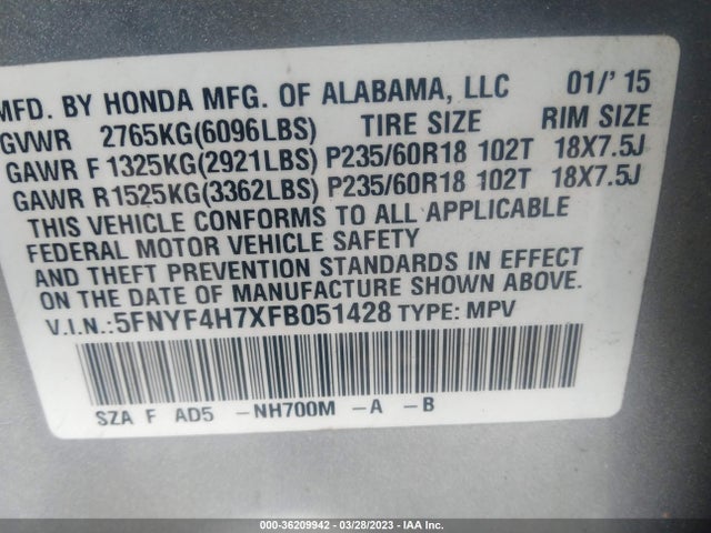 Honda Pilot Ex-l 2015 5FNYF4H7XFB051428 Image 9