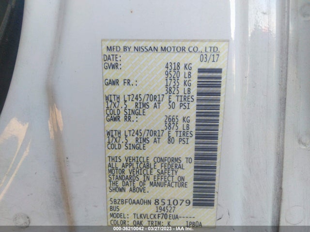 2017 Nissan NV, VIN: 5BZBF0AA0HN851079