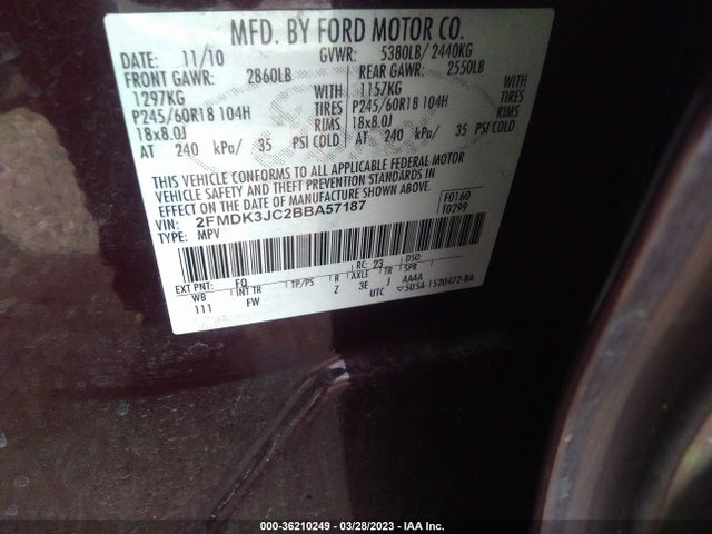 2011 FORD EDGE SEL VIN: 2FMDK3JC2BBA57187