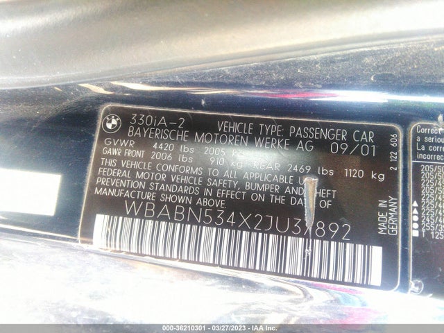 2002 BMW 3 SERIES 330CI VIN: WBABN534X2JU37892