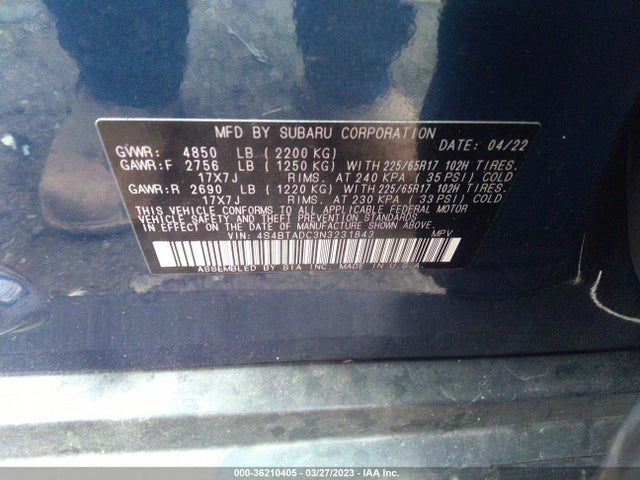 2022 SUBARU OUTBACK PREMIUM VIN: 4S4BTADC3N3231843
