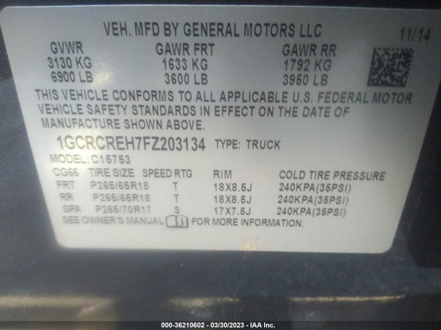 2015 CHEVROLET SILVERADO 1500 LT VIN: 1GCRCREH7FZ203134