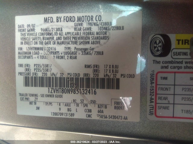 2008 FORD MUSTANG DELUXE/PREMIUM VIN: 1ZVHT80N985132416