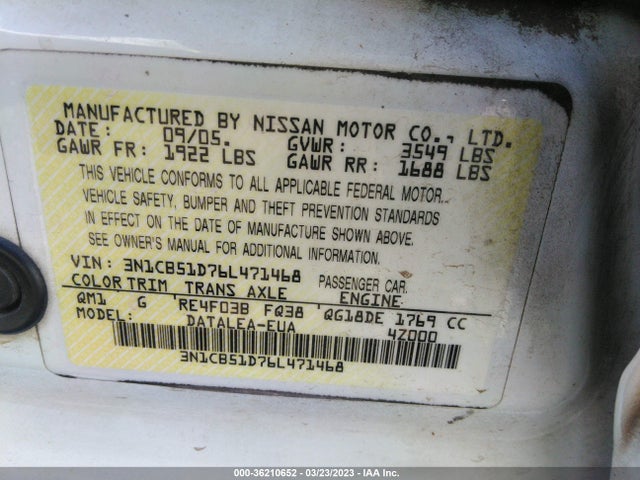 Nissan Sentra 1.8 S 2006 3N1CB51D76L471468 Image 11