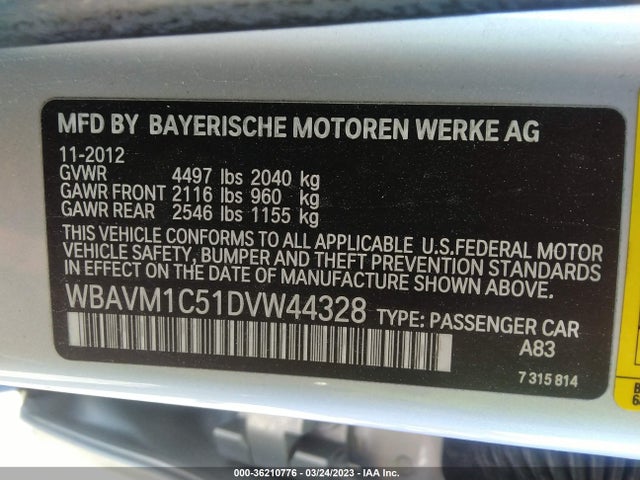 2013 BMW X1 28I VIN: WBAVM1C51DVW44328