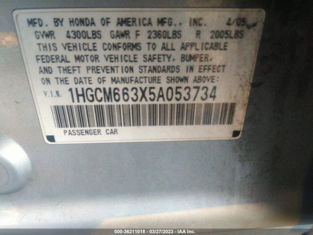 2005 HONDA ACCORD SDN LX V6 VIN: 1HGCM663X5A053734