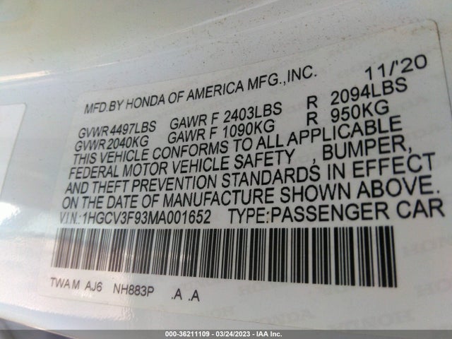 2021 HONDA ACCORD HYBRID TOURING VIN: 1HGCV3F93MA001652