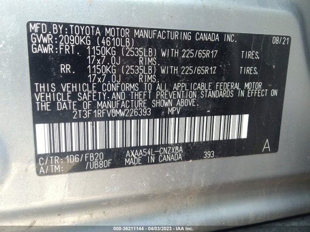 2021 TOYOTA RAV4 LE VIN: 2T3F1RFV0MW226393