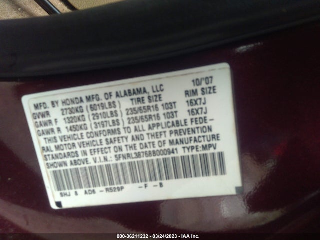 2008 HONDA ODYSSEY EX-L VIN: 5FNRL38768B000941