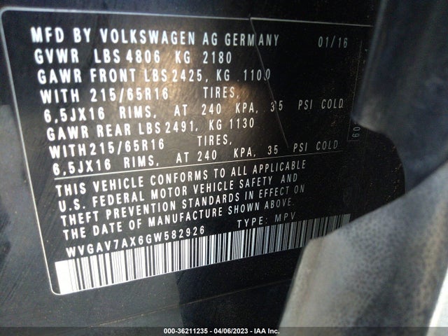 WVGAV7AX6GW582926 Volkswagen TIGUAN S