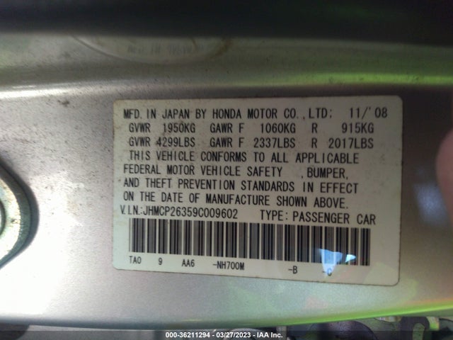 2009 HONDA ACCORD SDN LX VIN: JHMCP26359C009602