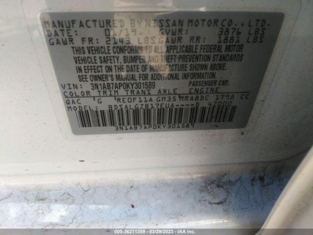 3N1AB7AP0KY301589 Nissan SENTRA SL