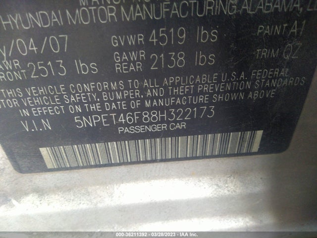 2008 HYUNDAI SONATA GLS VIN: 5NPET46F88H322173